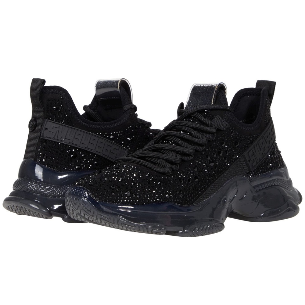 Steve Madden Maxima Sneakers Rhinestone Low Top Chunky Knit Runner in Black